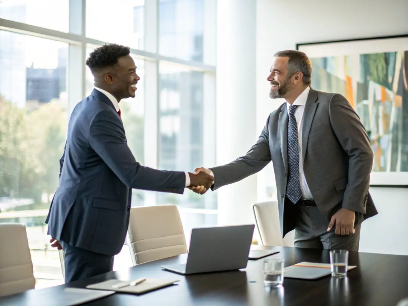A professional image of a Chasing Paradise representative shaking hands with a local hotel owner, symbolizing the strong relationships and collaborative spirit that drive the company's success.