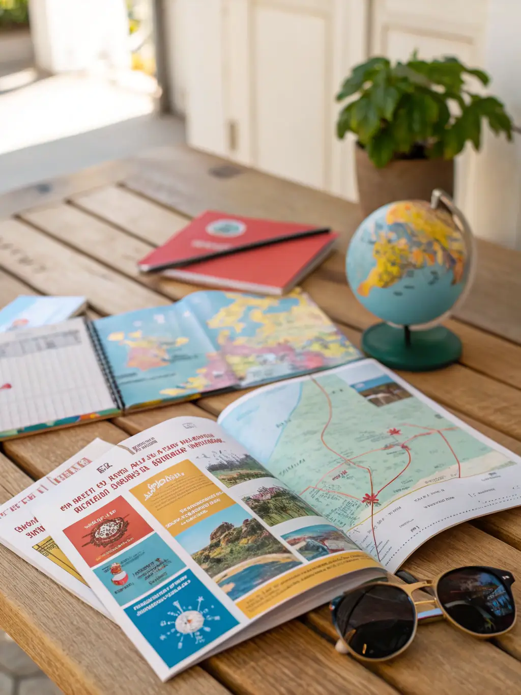 A detailed travel itinerary laid out on a table with maps, destination guides, and booking confirmations, illustrating comprehensive itinerary planning.