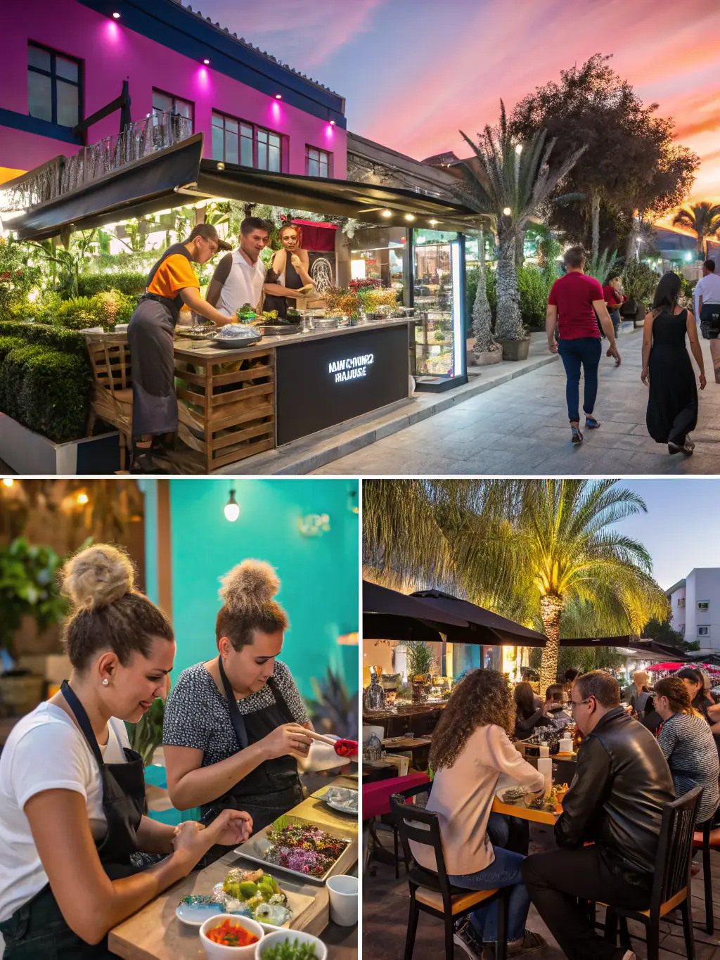 A collage of images featuring local hotels, restaurants, and tour operators, representing Chasing Paradise's network of local business partnerships.