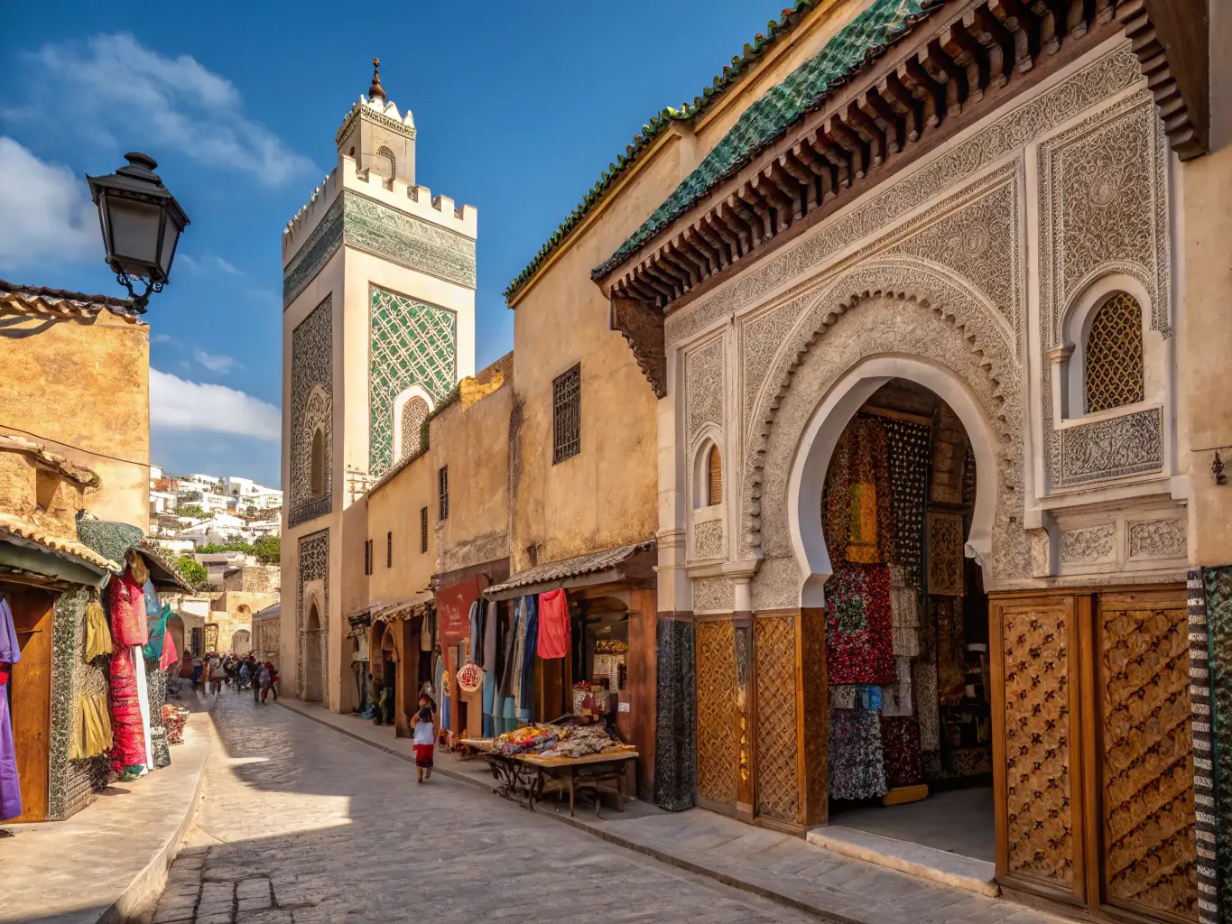 A vibrant street scene in Chefchaouen, Morocco, showcasing the town's iconic blue-washed buildings, bustling markets, and traditional Moroccan architecture. The image captures the unique charm and cultural richness of this hidden gem destination.