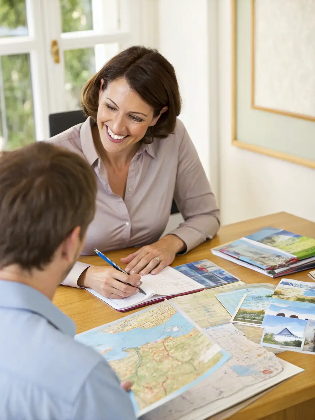 A travel consultant sitting at a desk, reviewing travel documents and discussing options with a client, showcasing personalized travel consultancy services.