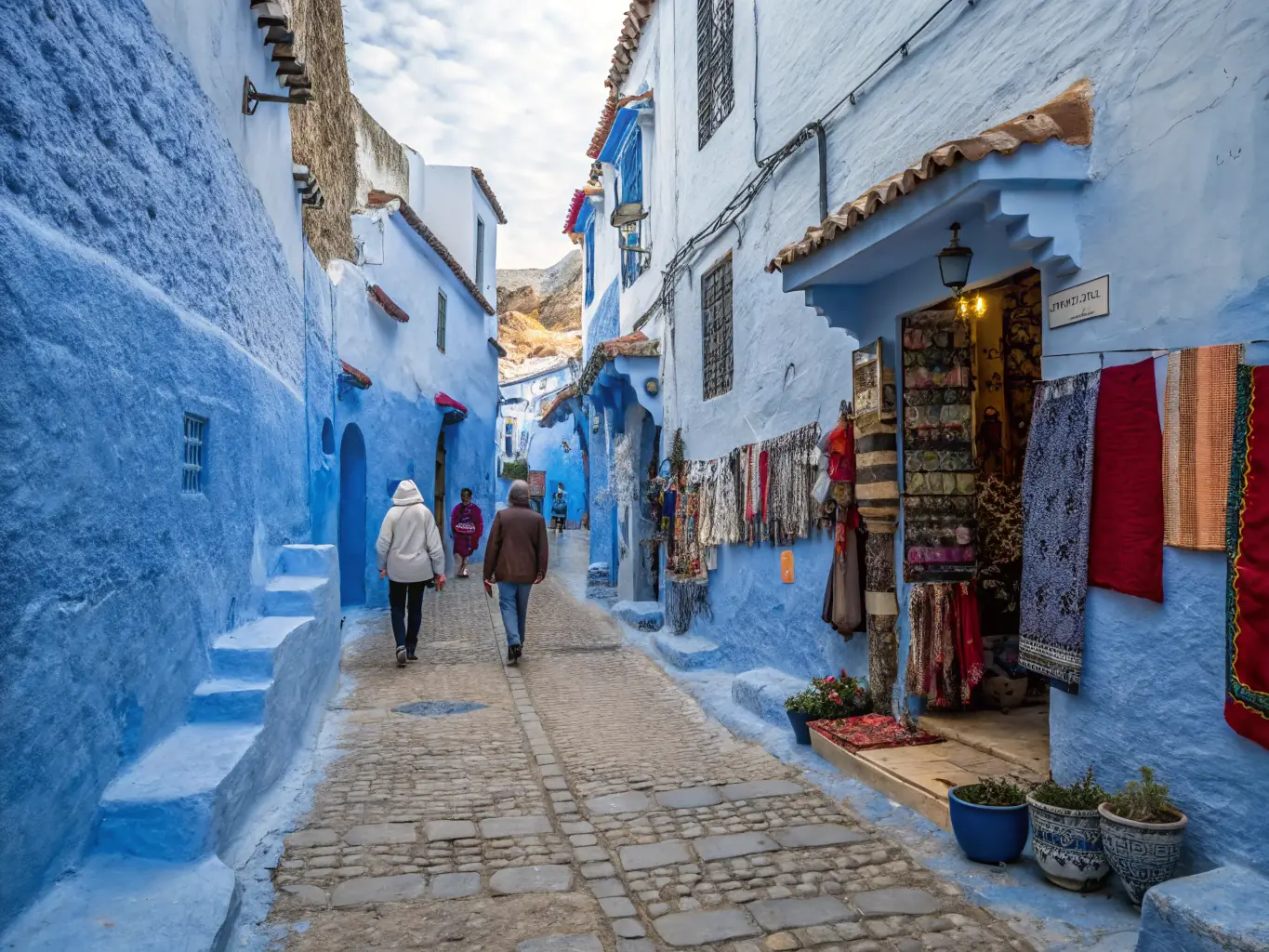 A vibrant image of Chefchaouen, Morocco, showcasing its blue-washed buildings, narrow streets, and bustling local markets. The scene captures the unique charm and cultural richness of this hidden gem in the Rif Mountains.