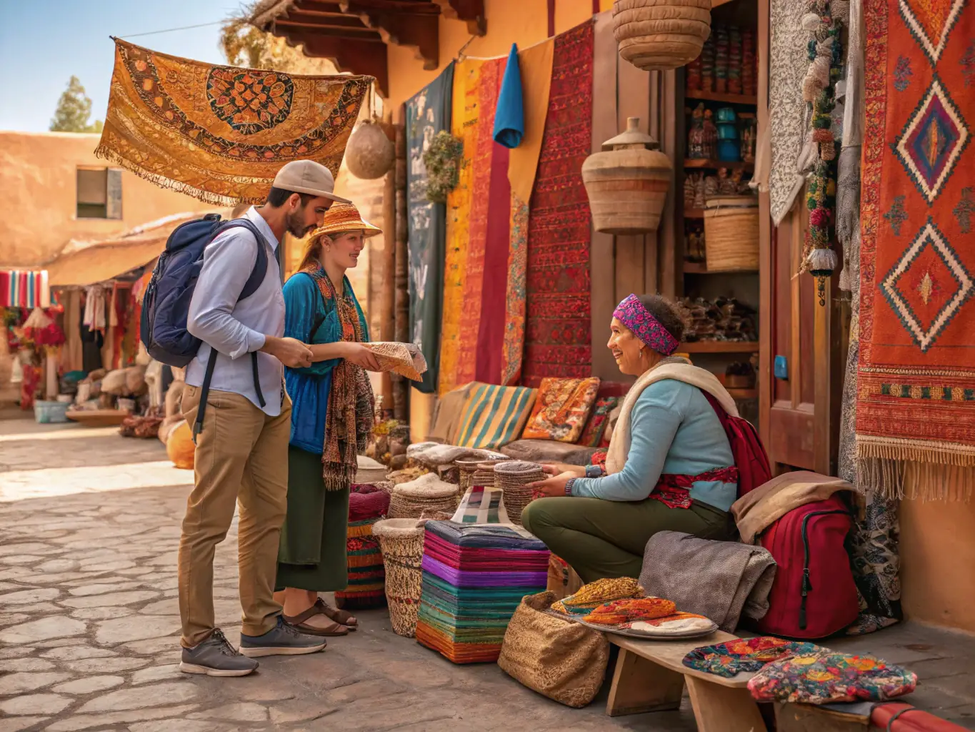 A vibrant image showcasing a group of tourists interacting with local artisans at a craft market in a small village, highlighting the cultural exchange facilitated by Chasing Paradise's partnerships.
