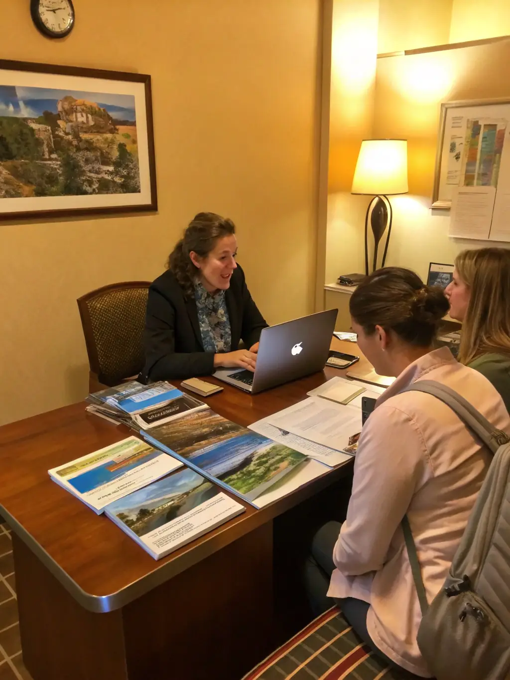 A consultant advising a client in a cozy cafe, maps and travel brochures spread across the table, discussing personalized travel plans.