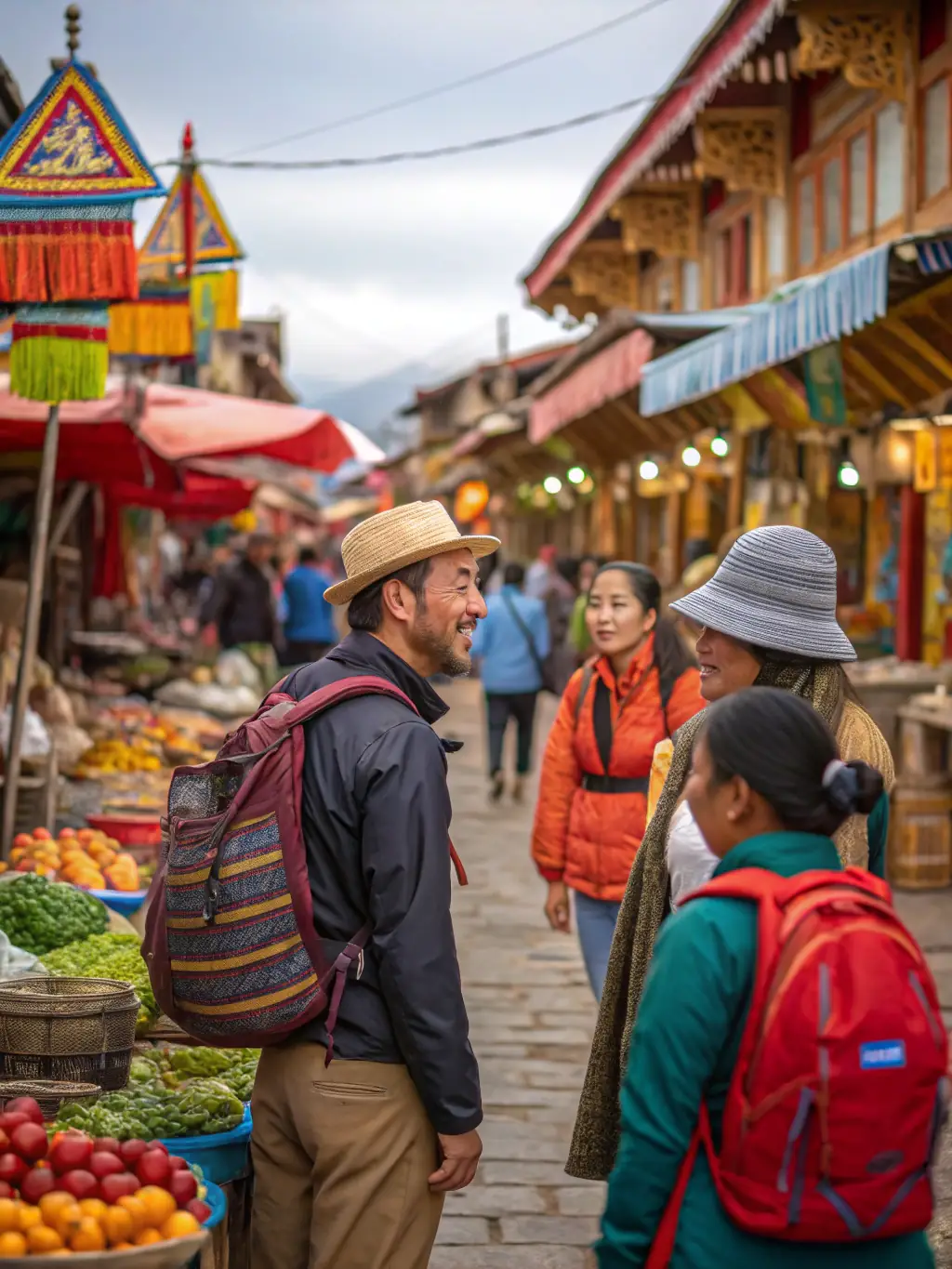 A group of tourists interacting with local artisans in a vibrant marketplace, experiencing authentic cultural immersion.