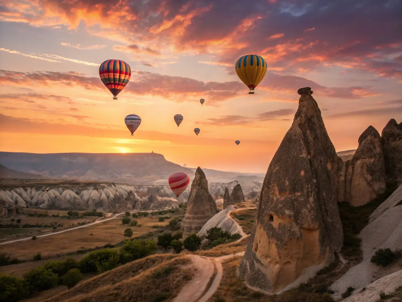 An awe-inspiring image of Cappadocia, Turkey, featuring its unique rock formations, hot air balloons floating at sunrise, and ancient cave dwellings. The scene evokes a sense of wonder and adventure, highlighting Cappadocia's surreal landscape.