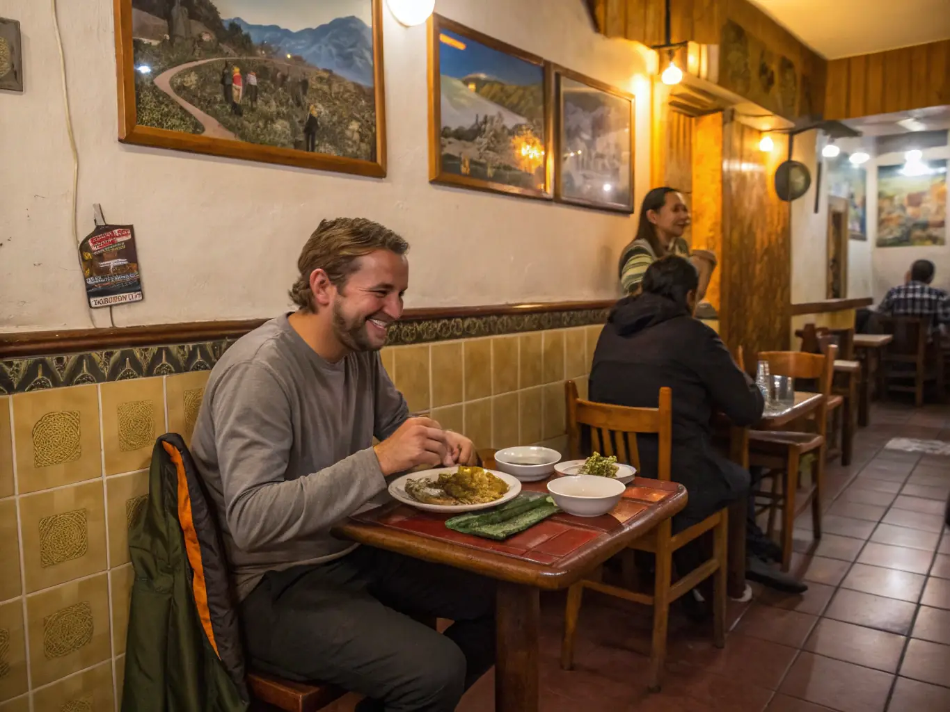 A scenic image of a traveler enjoying a meal at a family-owned restaurant in a picturesque town, emphasizing the personalized recommendations and unique dining experiences offered through Chasing Paradise's local connections.