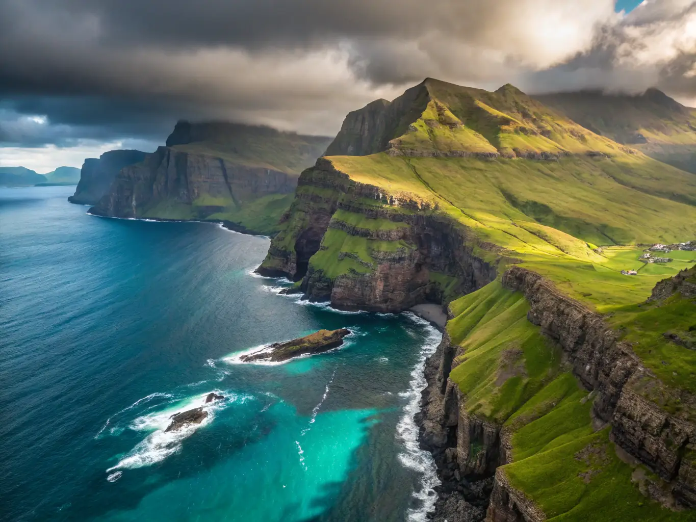 A breathtaking aerial view of the Faroe Islands, showcasing the dramatic cliffs, green valleys, and charming villages nestled along the coastline. The image captures the raw beauty and remote nature of this hidden gem destination.