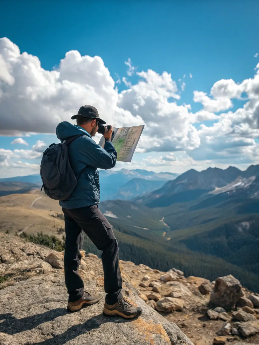A traveler standing on a mountaintop, overlooking a breathtaking vista of a hidden valley, holding a detailed travel itinerary.