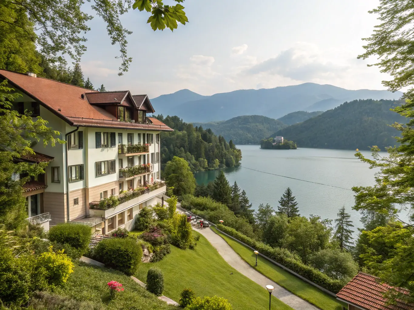 A serene image of Lake Bled in Slovenia, featuring the iconic Bled Island with its picturesque church, surrounded by crystal-clear waters and the Julian Alps in the background. The image captures the tranquility and natural beauty of this hidden gem destination.