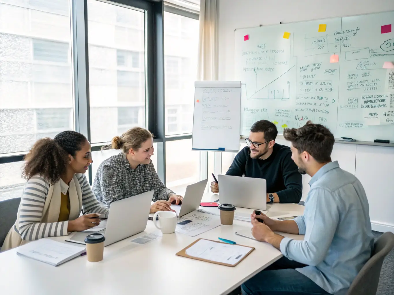 A vibrant image showcasing a diverse group of travel partners collaborating in a modern office setting, brainstorming ideas and celebrating successes, symbolizing the collaborative spirit of Chasing Paradise.